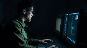 חייל מודיעין ביחידה 81 עובד על מחשב - 8200 אקדמי