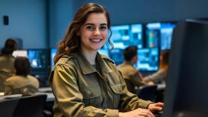 חיילת מחוייכת של 8200 עובדת על מחשב